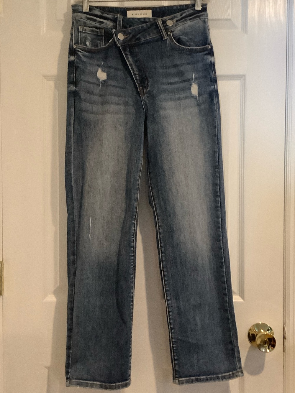RISEN Asymmetrical Crossover Medium Wash Straight Leg High Rise Denim Jeans 5/27